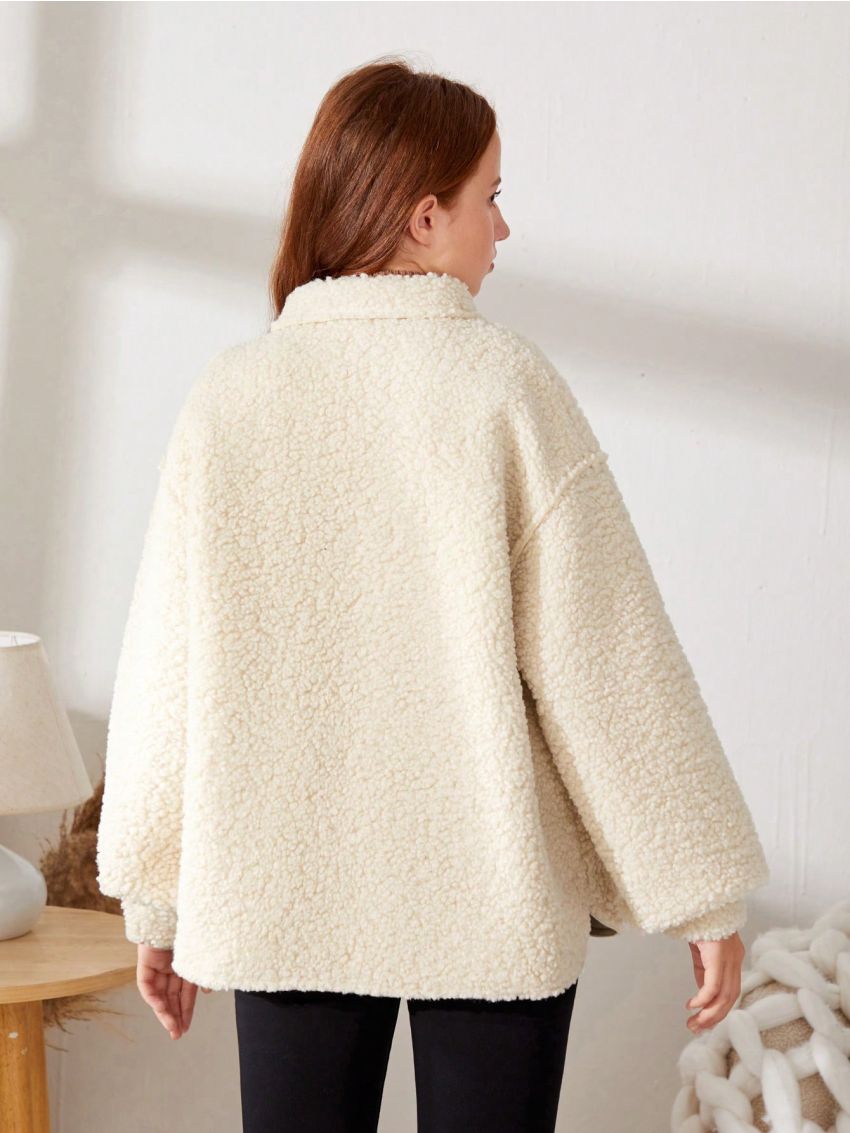 Teen Girl Drop Shoulder Button Front Teddy Coat