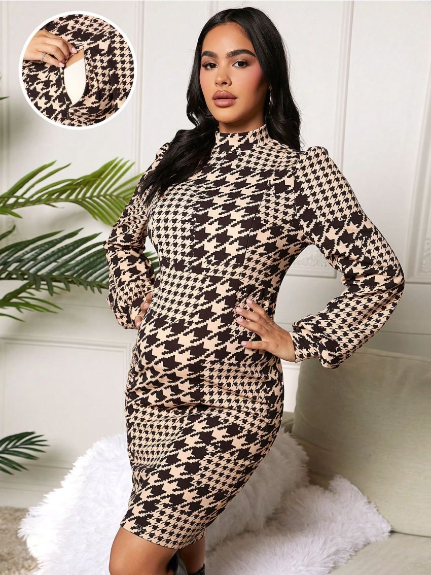 SHEIN Maternity Houndstooth Print Stand Collar Nursing Dress