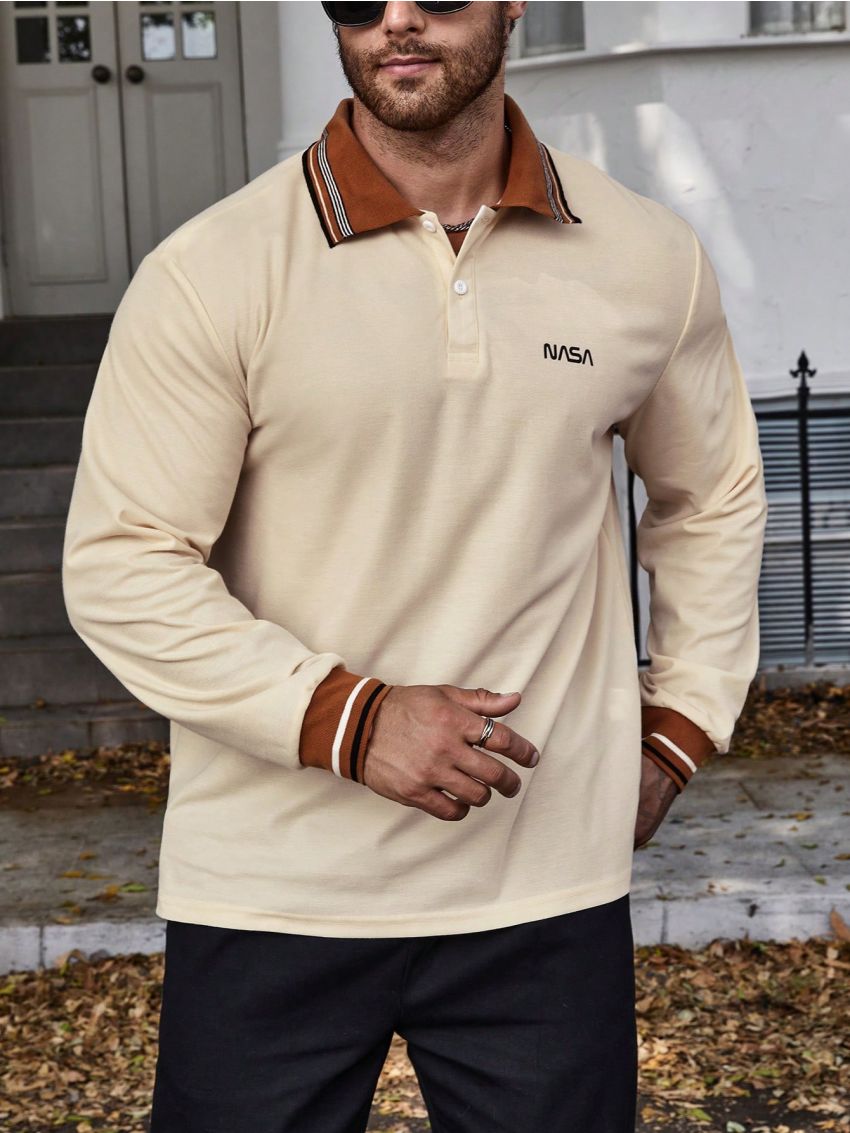 Manfinity Hypemode Men's Plus Size Letter Print Collar Patchwork Polo Shirt