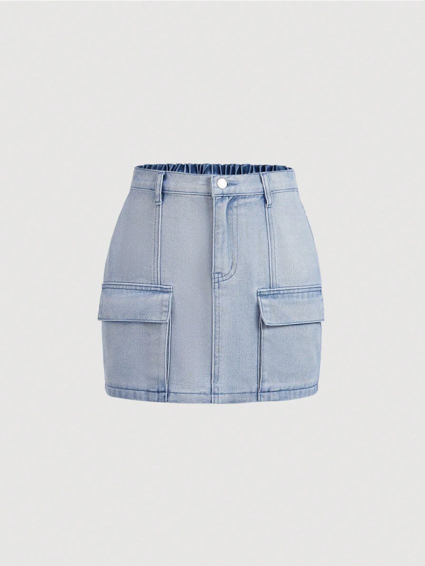 SHEIN Teen Girl's Casual High Waist Bodycon Mini A-Line Denim Skirt With Cargo Pocket Detail
