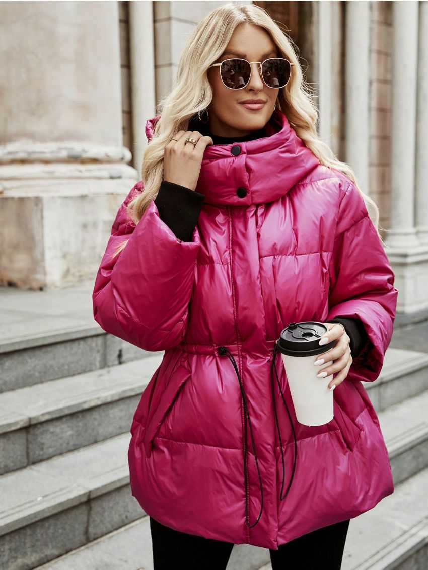 SHEIN Frenchy Drawstring Waist Drop Shoulder Zipper Hooded Down Coat