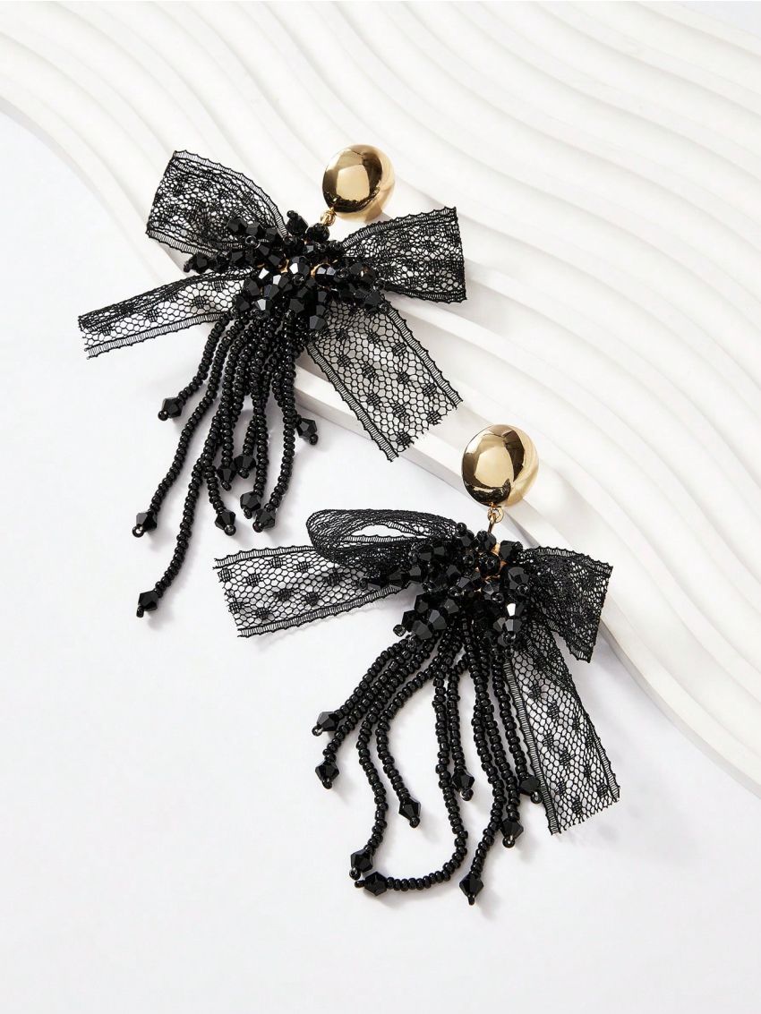 SHEIN Belle 1pair Black Mesh Bow Tassel Earrings
