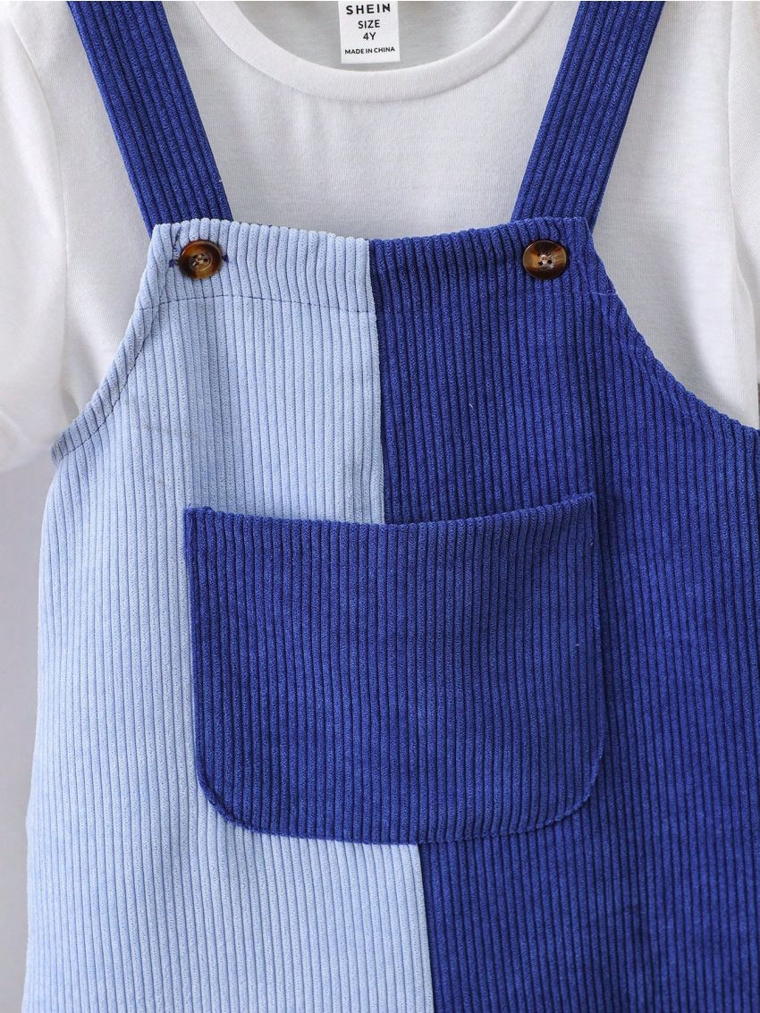 SHEIN Kids SPRTY Young Boy Color Block Pocket Front Overall Shorts With Braces