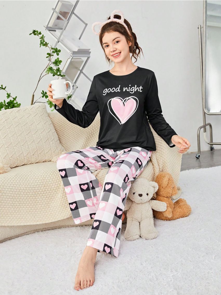 SHEIN Teen Girls' Knitted Heart Slogan Pattern Round Neck T-Shirt And Long Pants Set