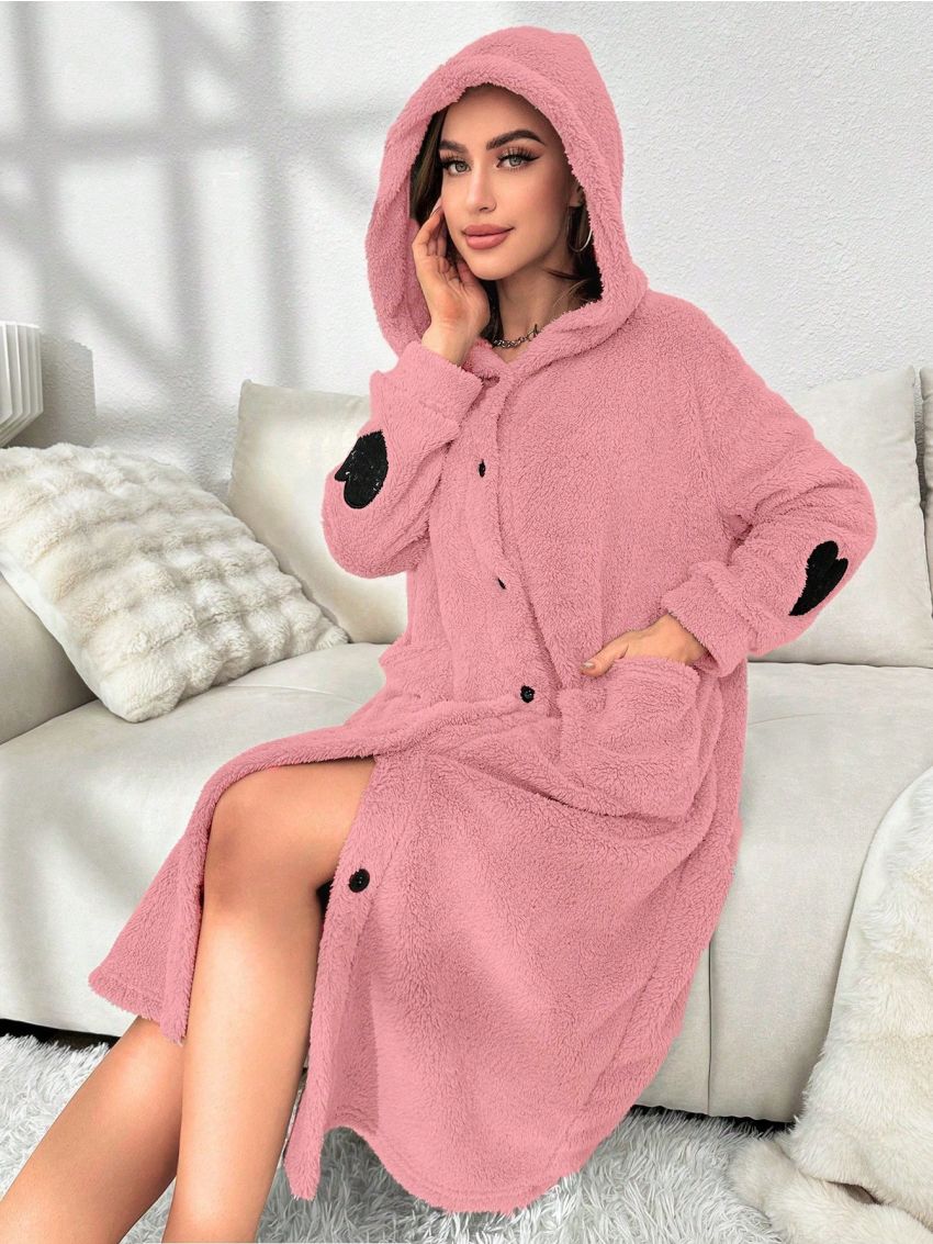 Heart Pattern Drop Shoulder Hooded Flannel Sleep Robe