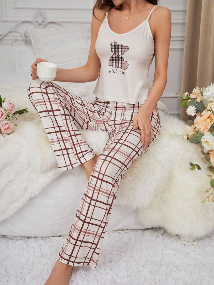 Women'S Cartoon Bear Printed Milk Silk Camisole Pajama Set