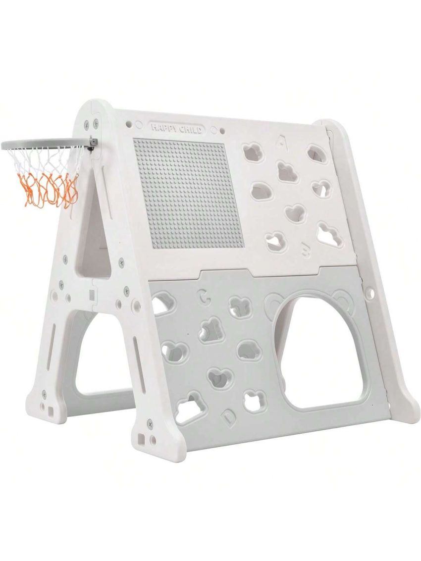 Merax 5-in-1 Toddler Climber Basketball Hoop Set Kids Playground Climber Playset with Tunnel, Climber, Whiteboard,Toy Building Block Baseplates, Combination for Babies
