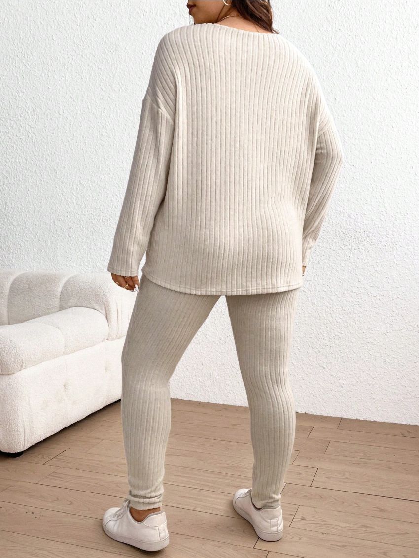 SHEIN Frenchy Plus Size Drop Shoulder Ribbed Knit T-Shirt And Leggings Set