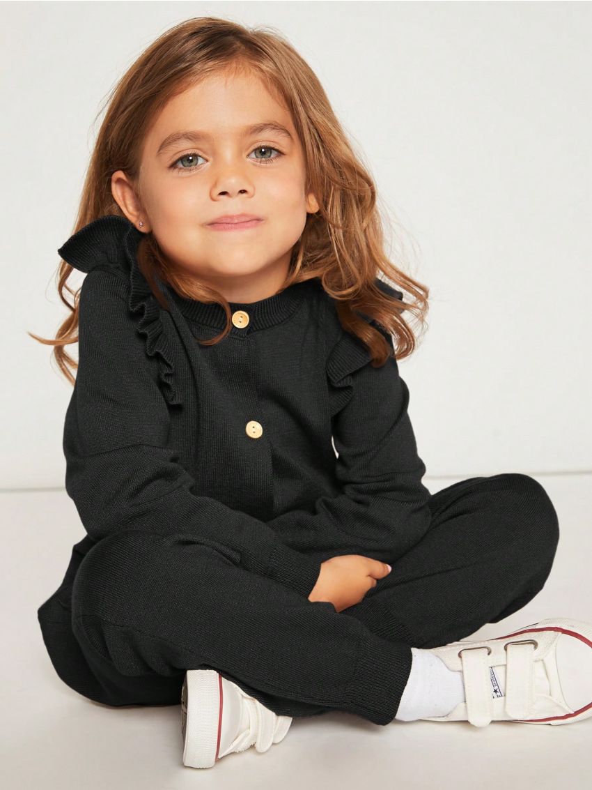 SHEIN Toddler Girls' Long Sleeve Ruffle Trim Cardigan And Knitted Pants Set