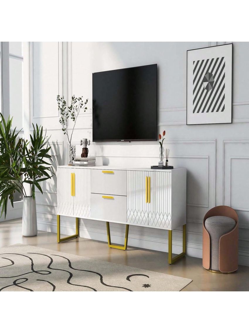OSQI Modern TV Stand for TVs up to 75 Inches, Storage Cabinet with Drawers and Cabinets, Wood TV Console Table with Metal Legs and Handles for Living Room, White