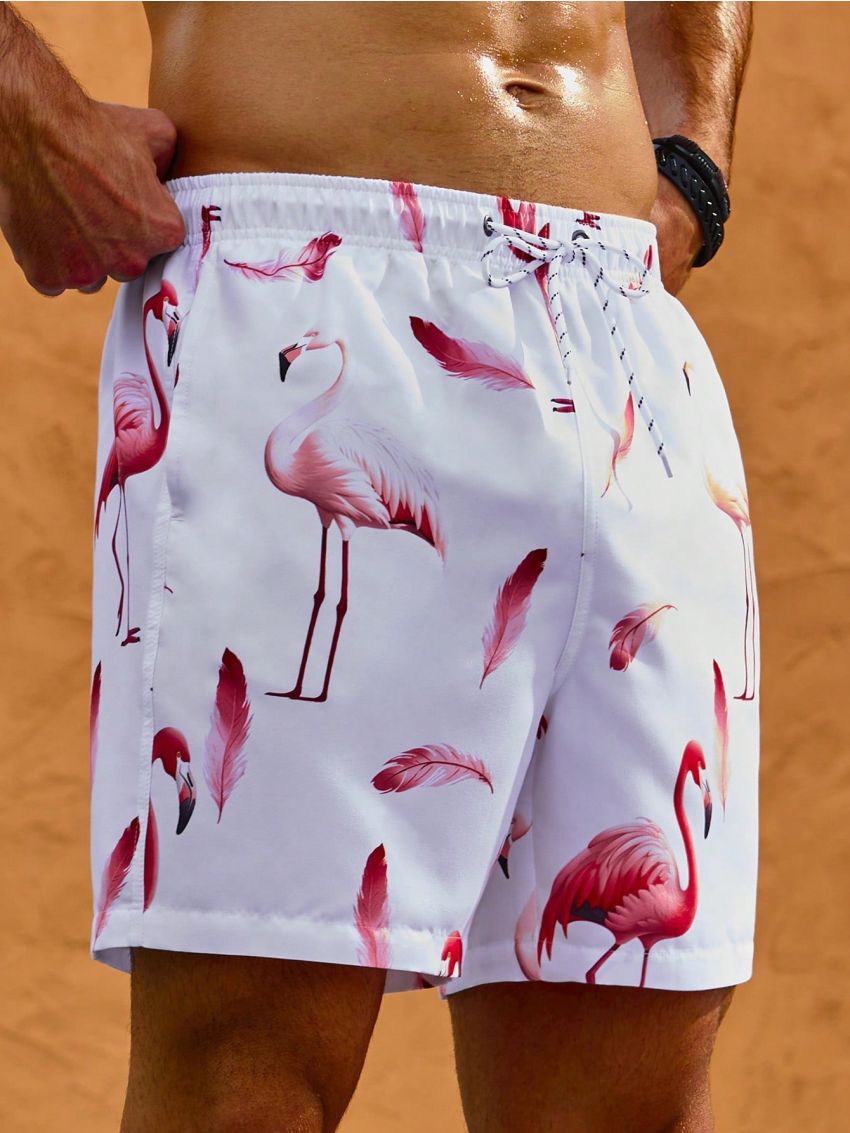 Men's Flamingo Printed Drawstring Waist Beach Shorts