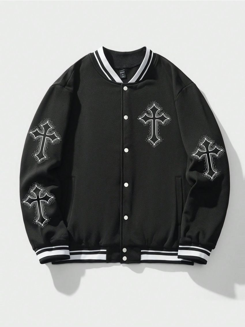 ROMWE Goth Men's Baseball Collar Cross Pattern Fashion Jacket