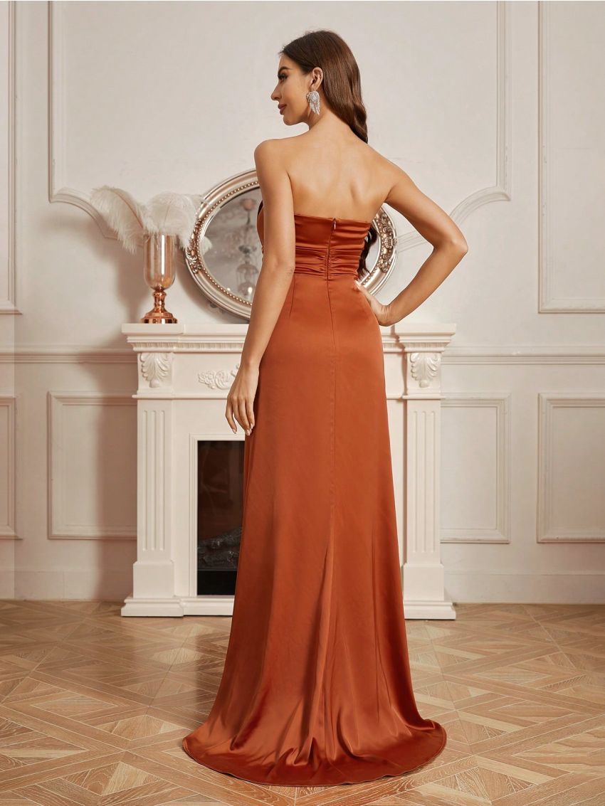 SHEIN Belle Ladies' Strapless Evening Dress With High Side Slit And Ruffled Waist