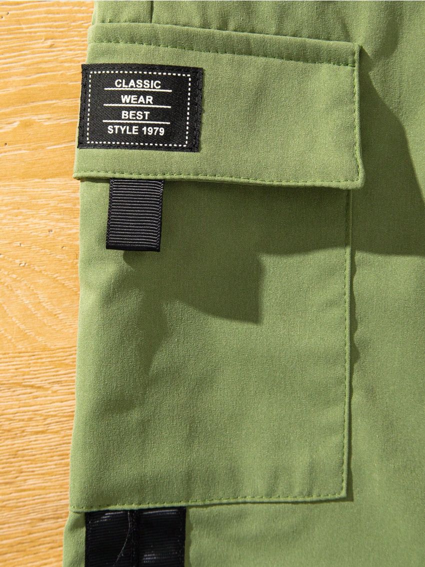 Teenage Boys' Long Workwear Style Pants With Decorative Flap Pockets And Woven Belt, For Spring And Autumn