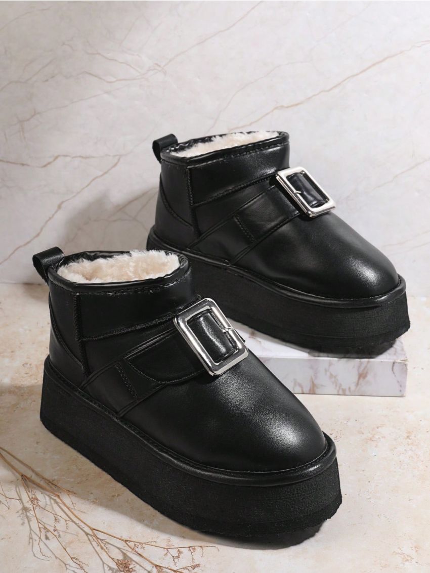 Women'S Black Pu Belted Snow Boots