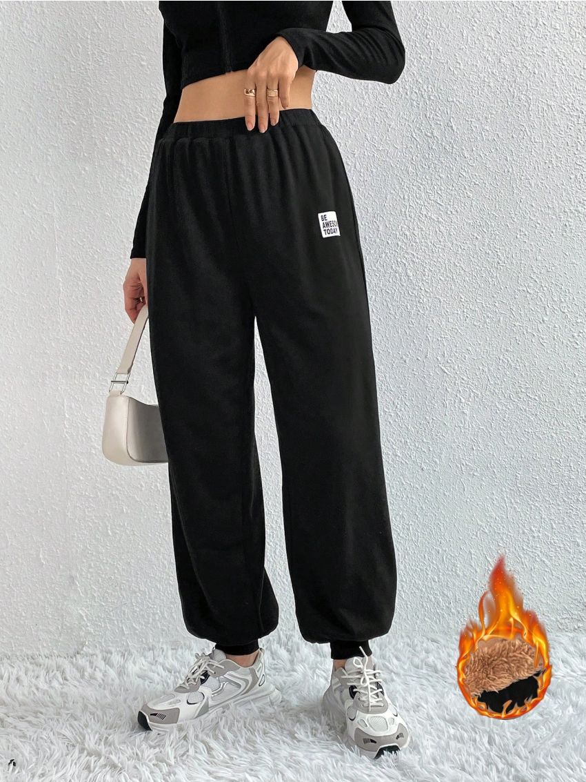 SHEIN Essnce Women's Fleece Lined Pants With Letters Patched