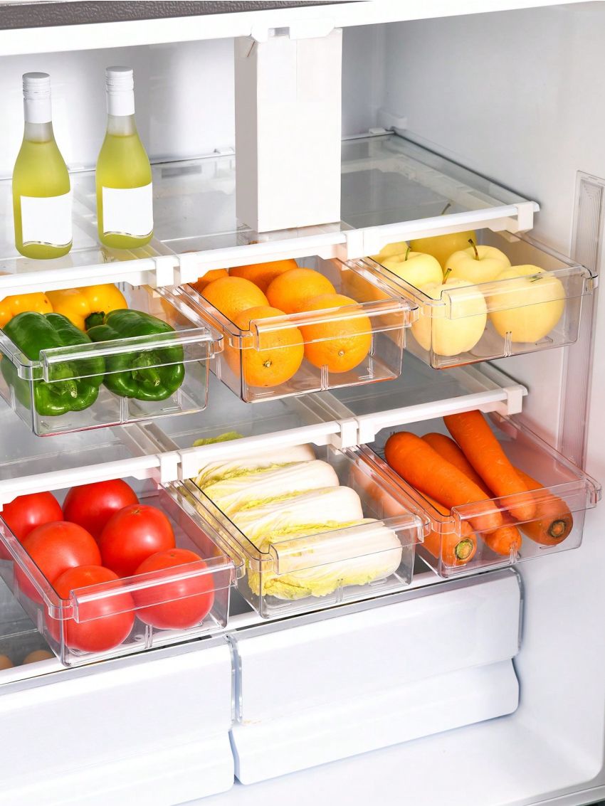 SHEIN Basic living 1Pc Fridge Drawer Organizer,Refrigerator Organizer Bins,Under Shelf Storage Drawer,Fridge Storage Box Shelf Holder,Pull Out With Handle,Clear Container For Food,Drinks,Fit for Fridge Shelf Under 0.6,Kitchen Storage Supplies,
