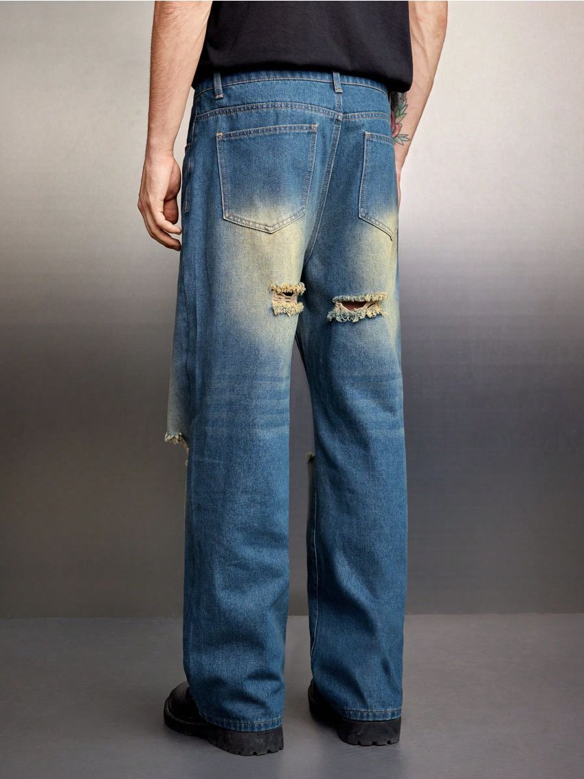 Manfinity Unisex Men's Regular Fit Non-stretch Mid-rise Casual Jeans With Distressed Details