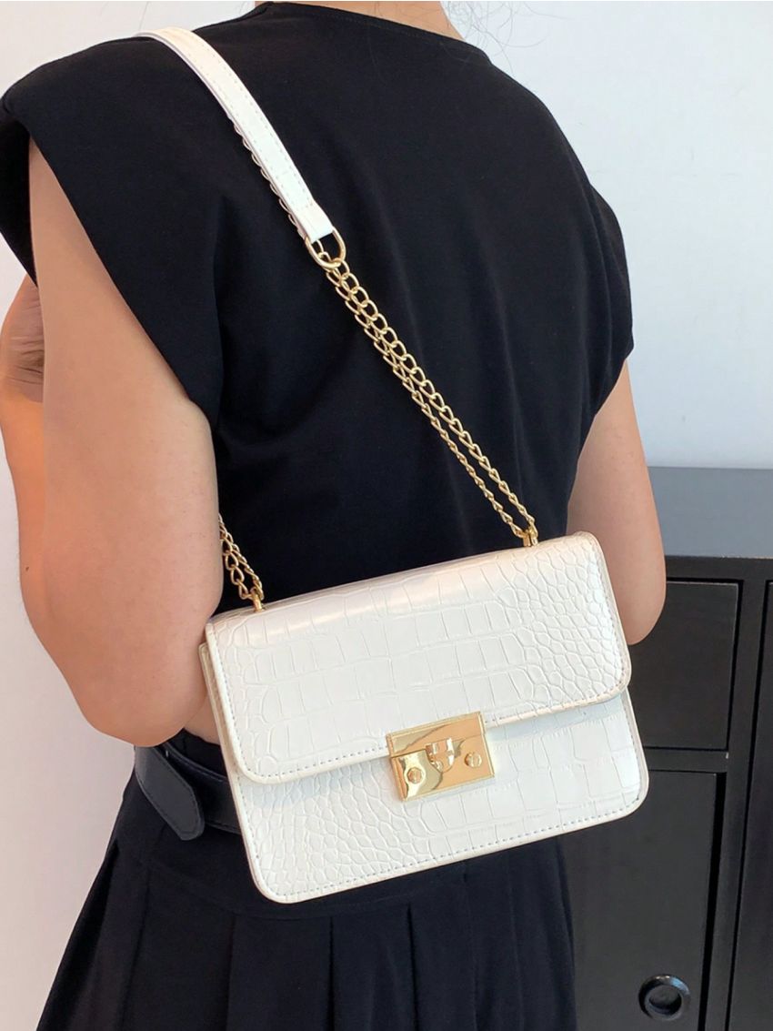 Versatile Lock Hasp Shoulder Bag For Women, PU Leather Crocodile Pattern Solid Color Leisure Crossbody Bags Small Square Tote, Vintage Chain Evening Square Handbag Satchel Purse With Detachable Long Strap, Simple Flap Crossbody Wallet