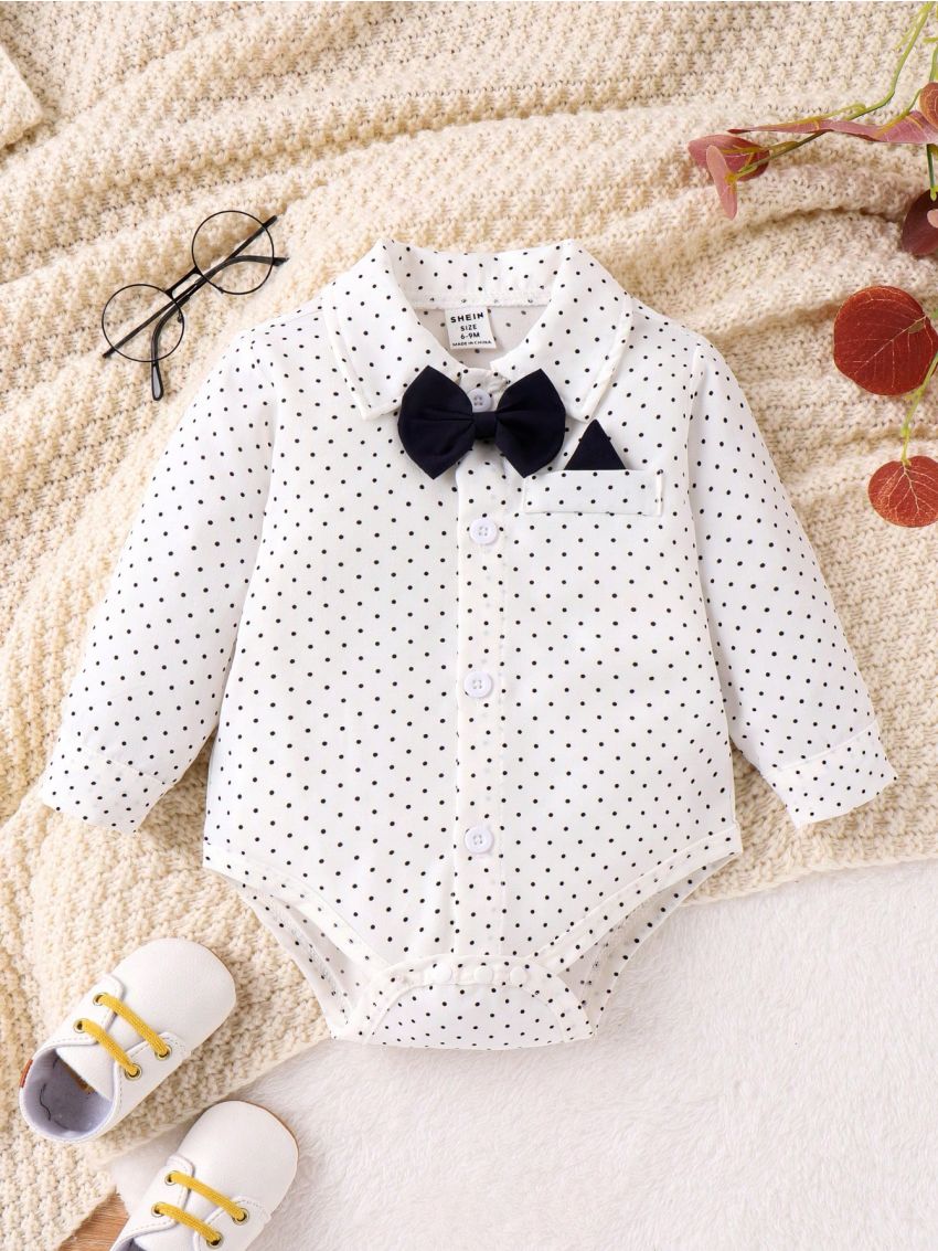 Baby Boy Polka Dot Printed Romper With Braces & Long Pants Gentleman Outfit Set