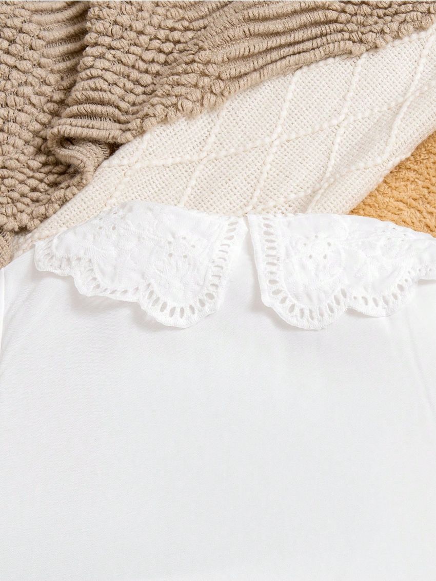 Tween Girls' Peter Pan Collar Shirt With Eyelet Embroidery And Bell Sleeves