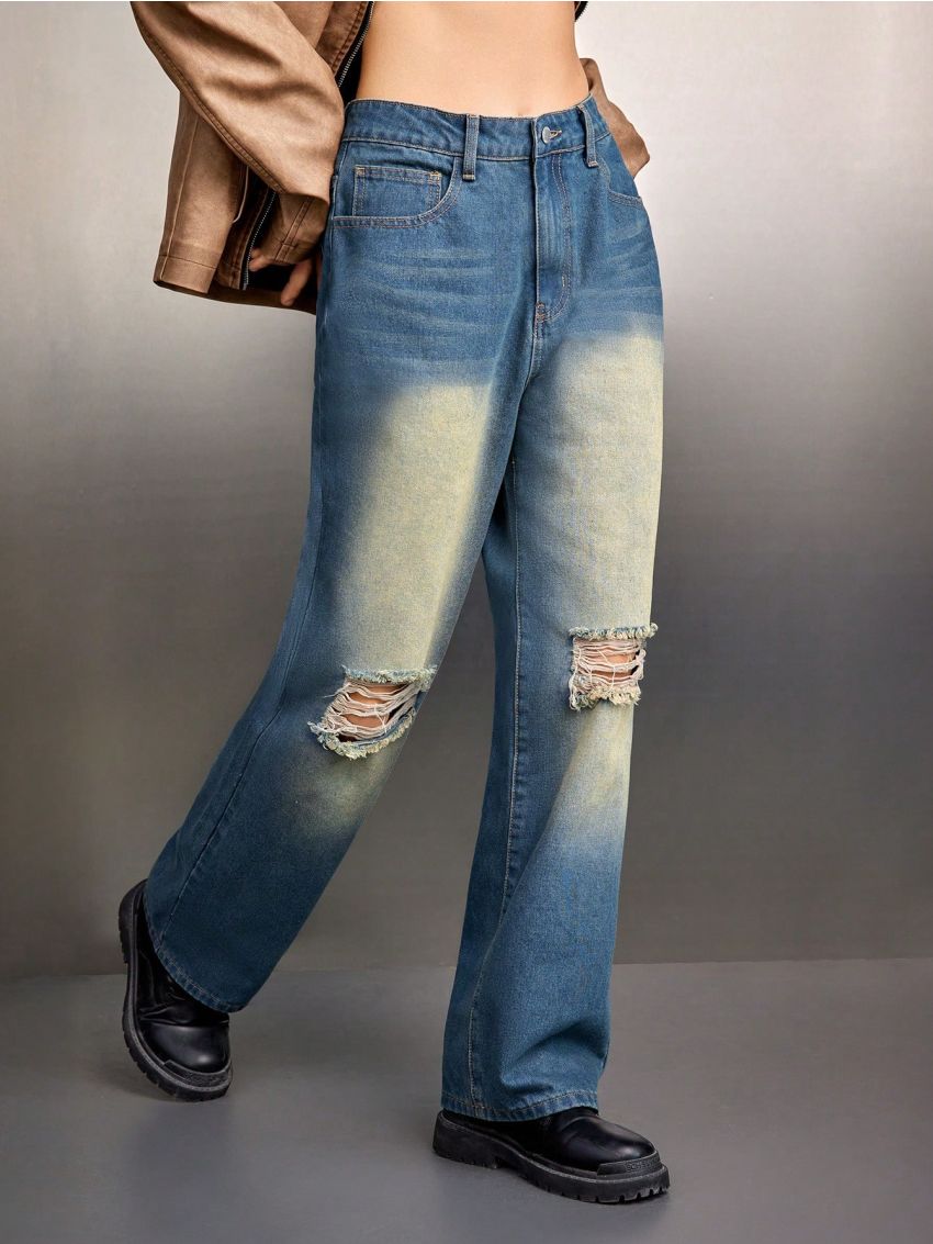 Manfinity Unisex Men's Regular Fit Non-stretch Mid-rise Casual Jeans With Distressed Details