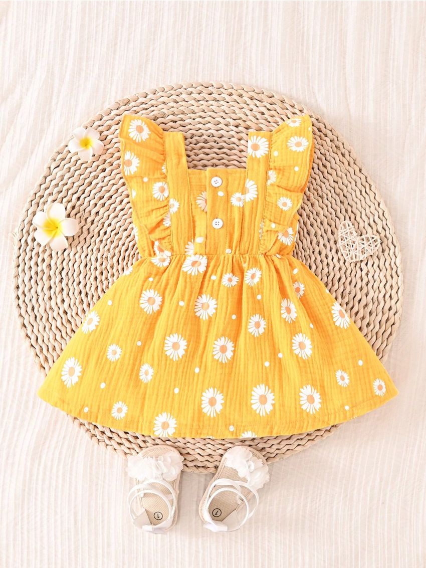 SHEIN Baby Girl Daisy Print Ruffled Hem Dress