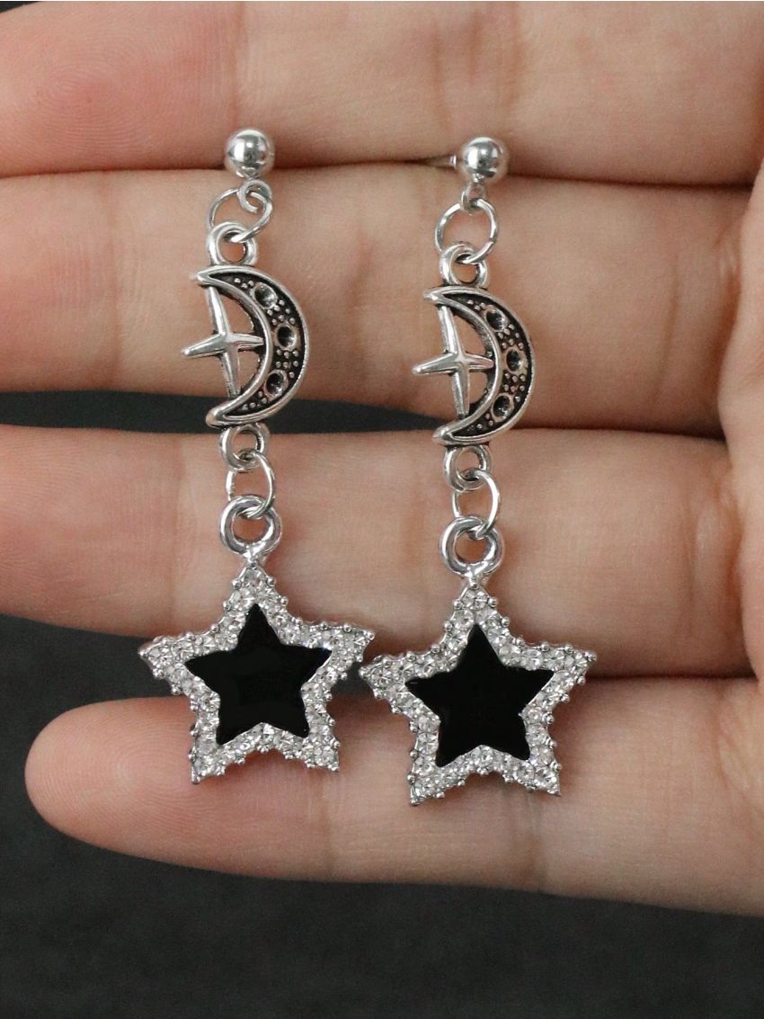 Goth 1 pair European And American Gothic Style Black Dripping Oil Rhinestone Star Pendant Earrings