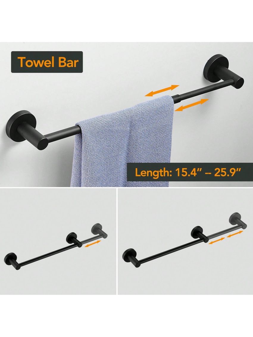 BESy 4pcs/set Bathroom Accessories Set (Adjustable 16 to 26 Inch Towel Bar, Towel Ring, Toilet Paper Holder,Towel Hook), Wall Mounted Bath Hardware Accessory Fixtures Set,Stainless Steel
