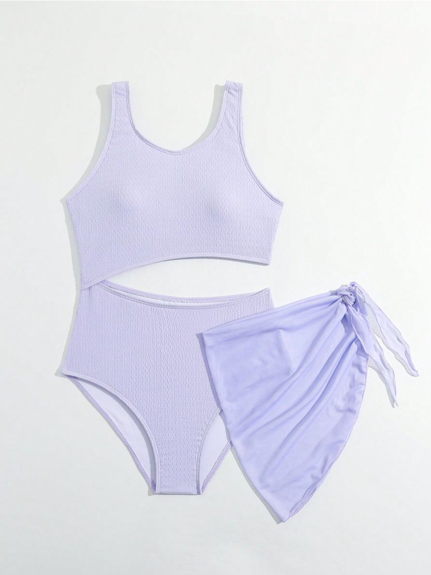 Teen Girls' Cutout One Piece Swimsuit With Cover Up Skirt