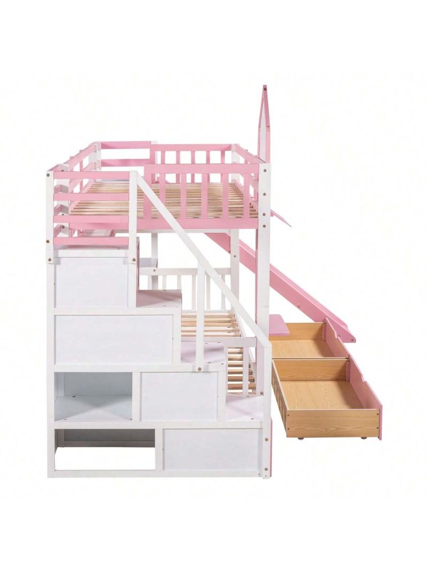 Merax Twin-Over-Twin Castle Style Bunk Bed with 2 Drawers 3 Shelves and Slide