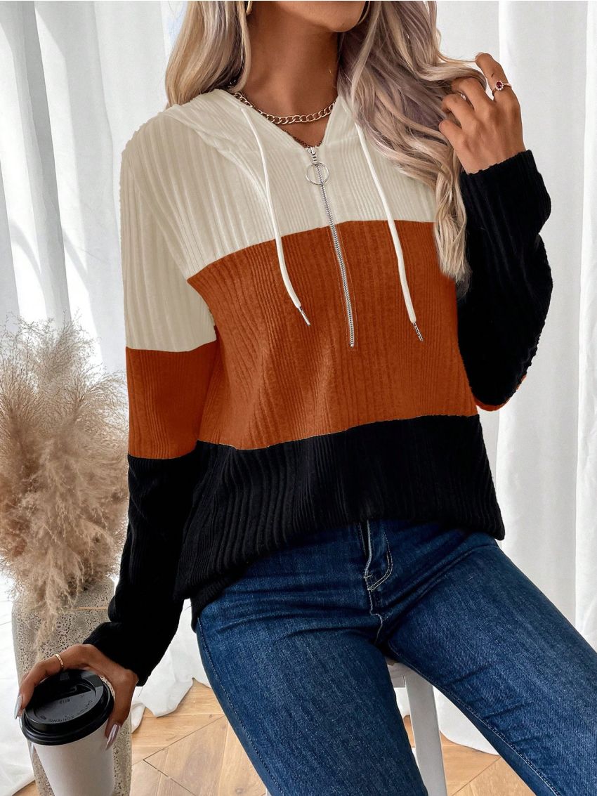 Zipper Half Placket Drawstring Hoodie