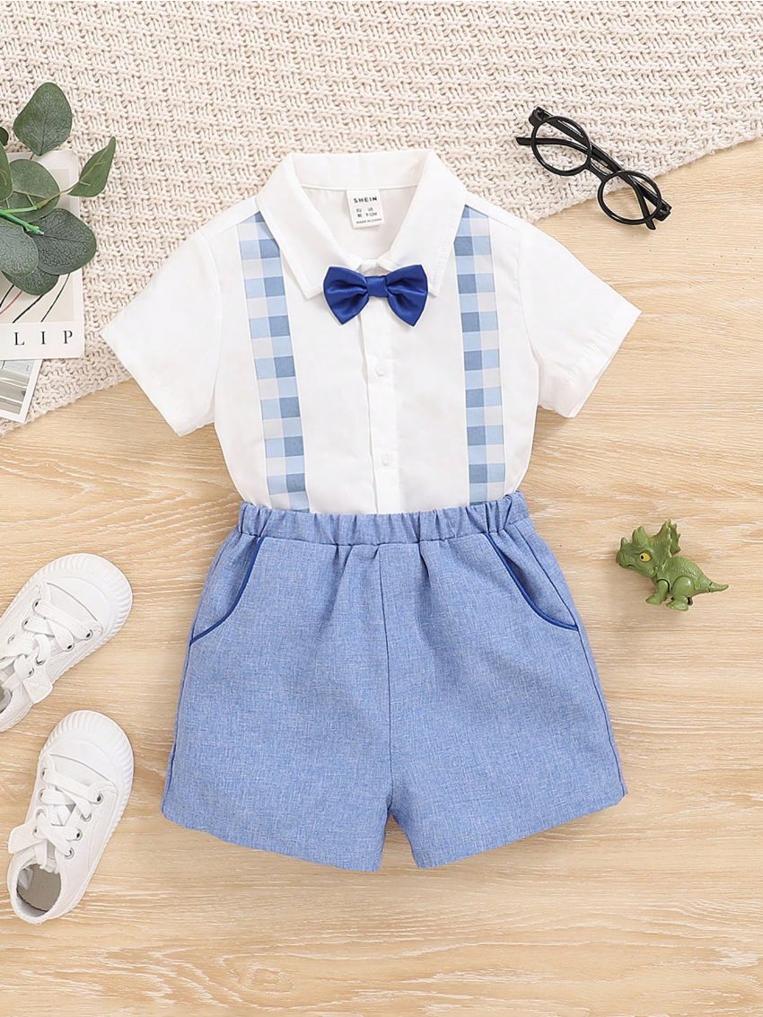 SHEIN Baby Boy's Casual Gentleman Style Plaid Color Block Bowtie Short Sleeve Shirt With Elastic Waist Shorts Set