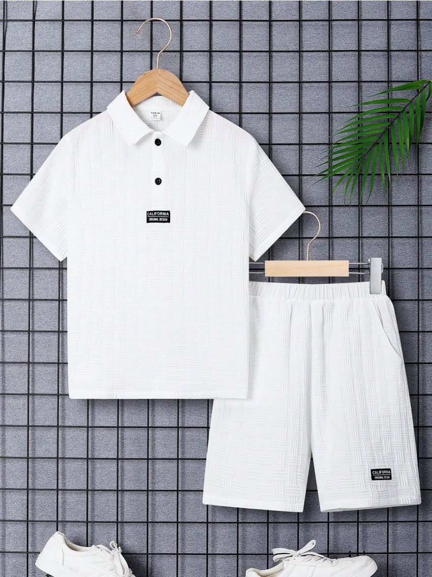 SHEIN Kids Academe Boys' Loose Fit College Style Turn-Down Collar Woven Short Sleeve Shirt And Shorts Set