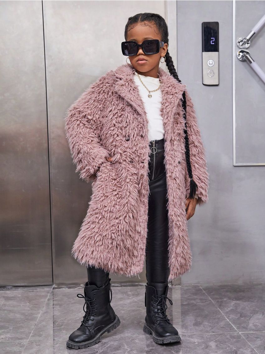 SHEIN Kids Cooltwn Tween Girl Double Breasted Fuzzy Coat