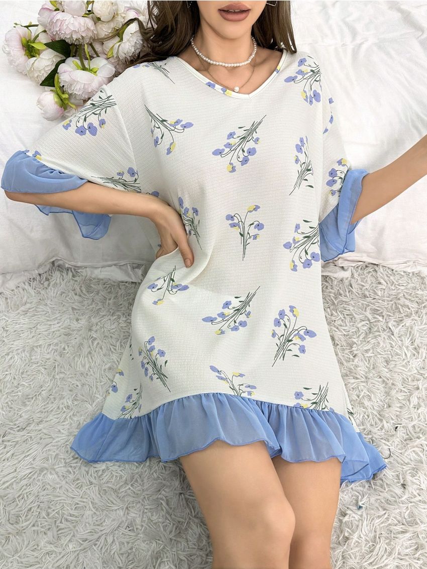Floral Print Sleep Dress With Ruffle Trim