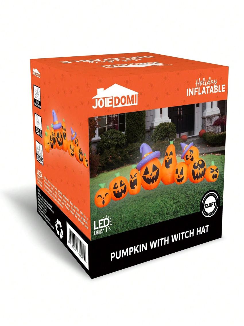 Joiedomi 12.5 FT Halloween Inflatable Pumpkin with Witch Hat Decor, 9 Pcs Halloween Blow Up Pumpkin with Built-in LEDs Decor for Halloween Outdoor Decoration Yard Garden Lawn Holiday Party Decoration