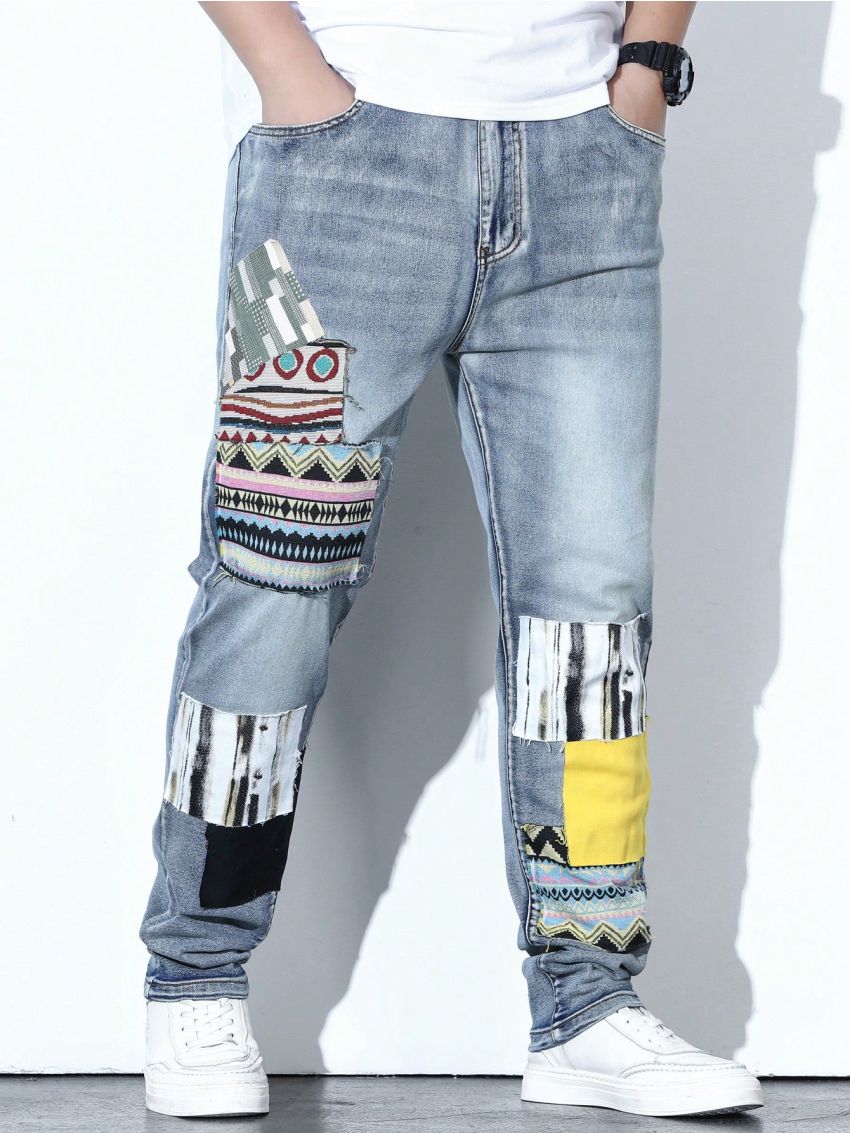 Men Plus Geo Print Cat Whisker Straight Leg Jeans