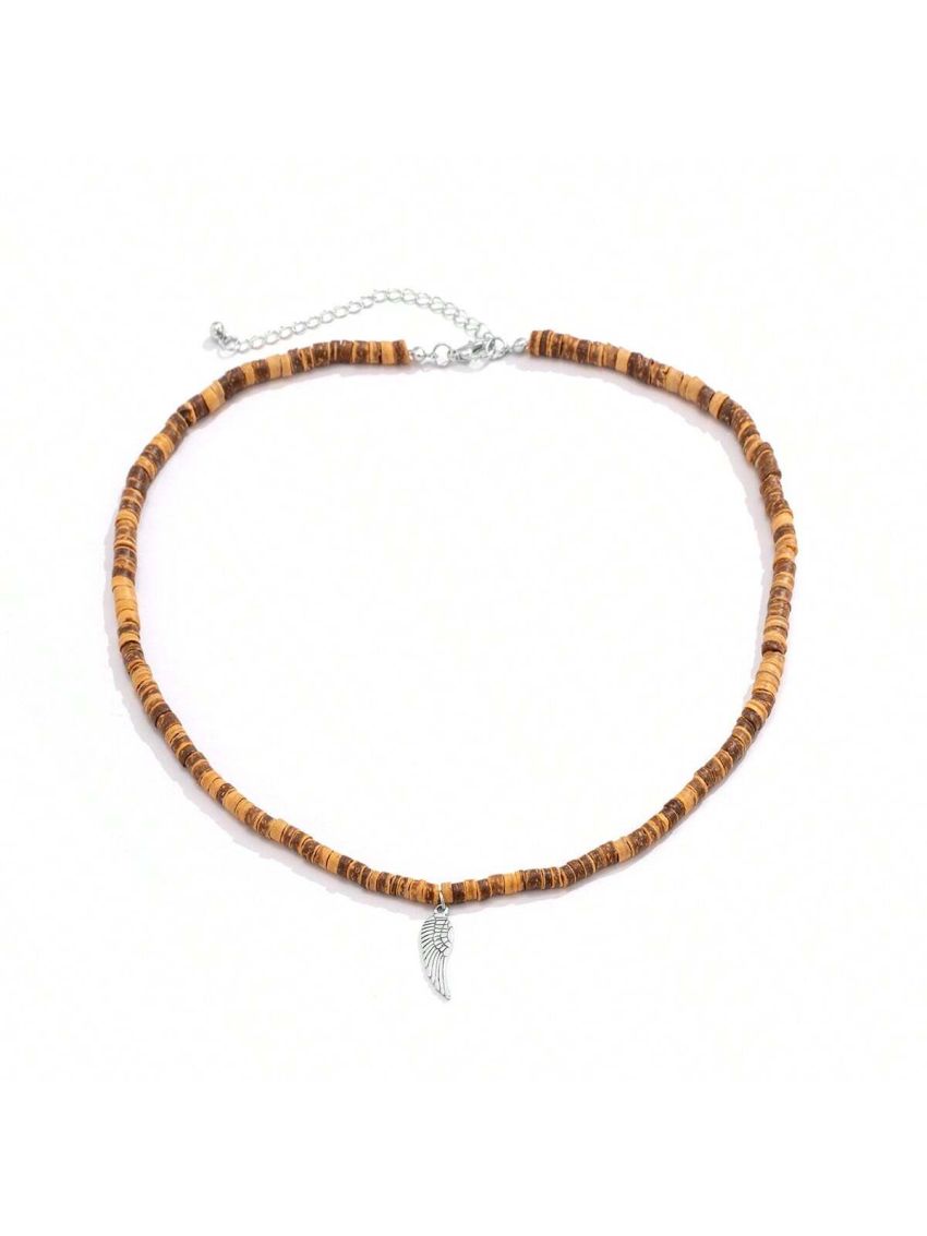 1pc Bohemian Style Necklace With Wood Bead And Feather Pendant For Men