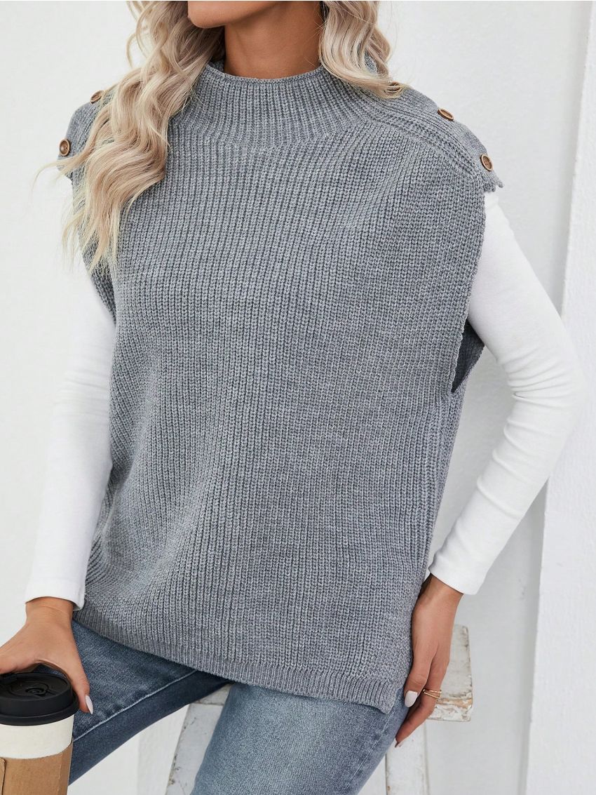 Button Decorated Stand Collar Sweater Vest