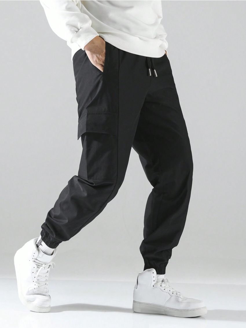 Extended Sizes Men's Solid Color Drawstring Cargo Pants