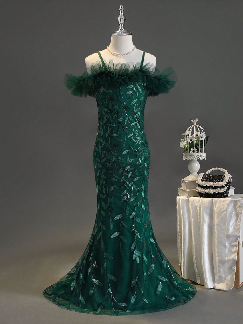 Tween Girl'S Elegant Glamorous Mermaid Style One Shoulder Formal Dress With Sequins, Suitable For Party, Birthday, Spring/Summer