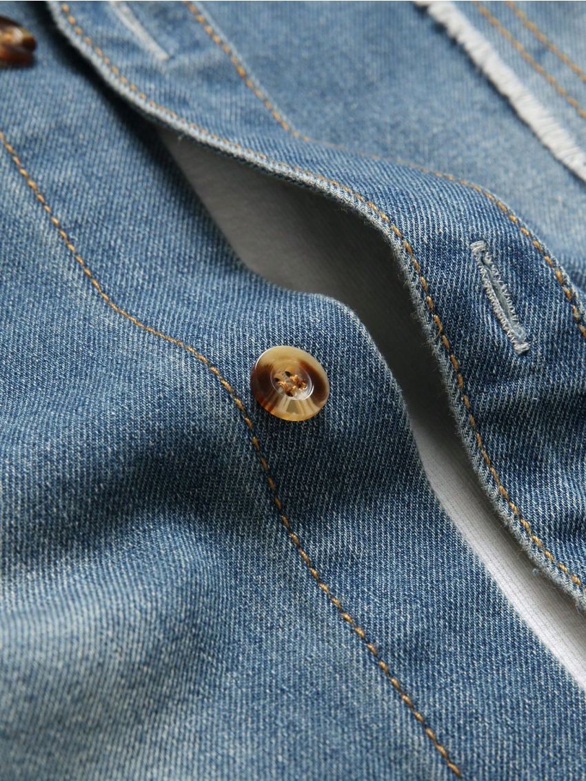 Manfinity Men Ripped Flap Pocket Denim Shirt Without Tee