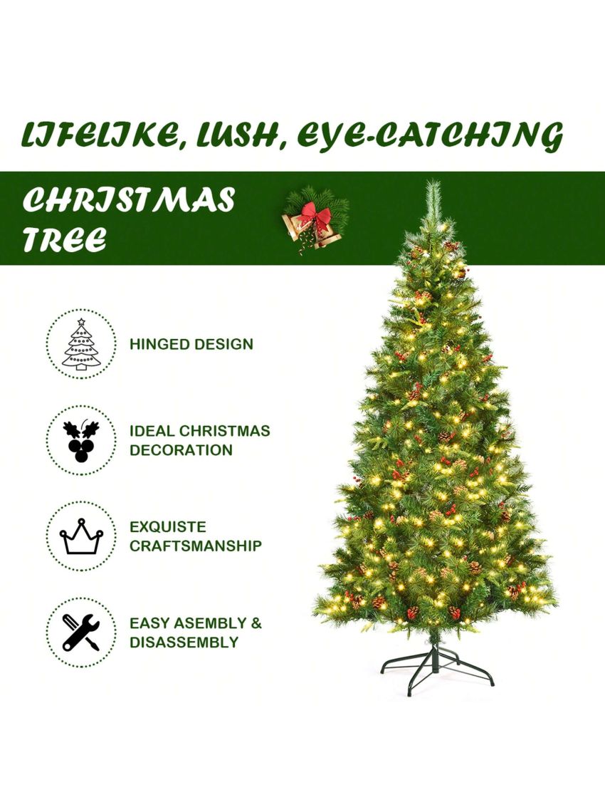 Gymax 7 ft Pre-lit Hinged Christmas Tree Holiday Decor w/ LED Lights Metal Stand