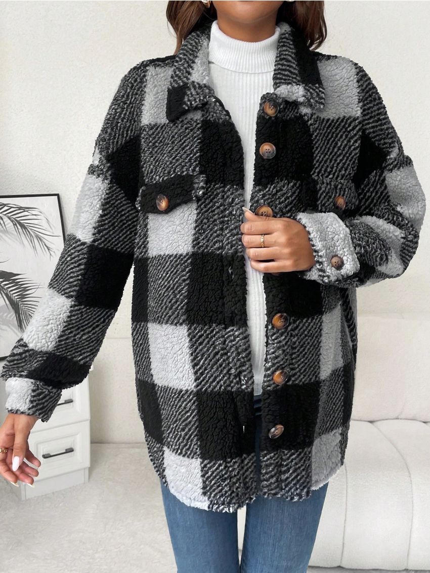 SHEIN Maternity Buffalo Plaid Print Drop Shoulder Teddy Coat