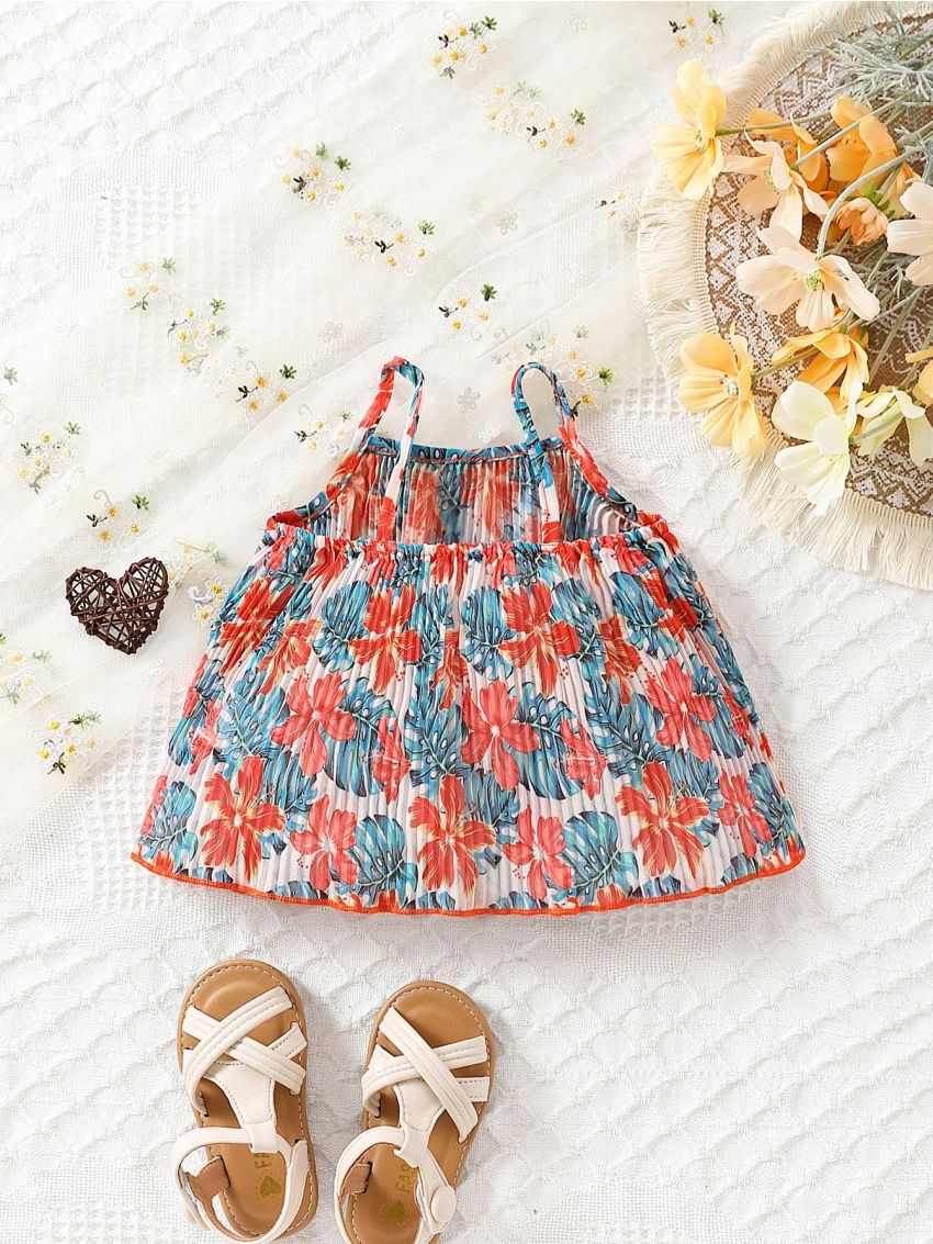 Baby Girl Vacation Style Floral Pattern Pleated Camisole Top