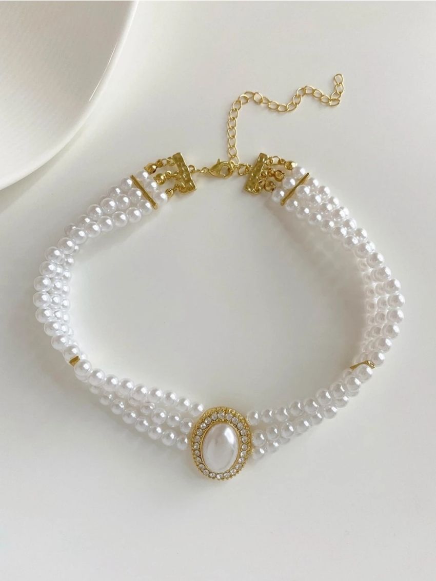 Rhinestone & Faux Pearl Decor Choker
