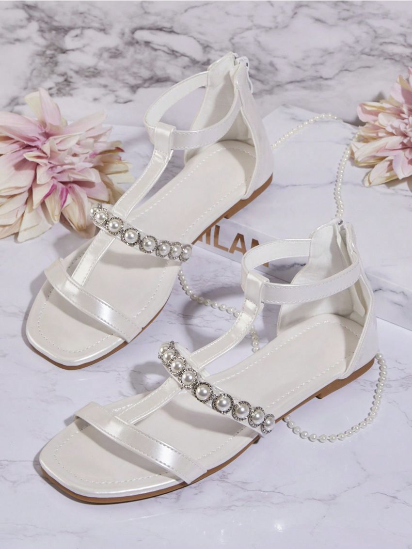 Women's Faux Pearl Decor Flat Sandals