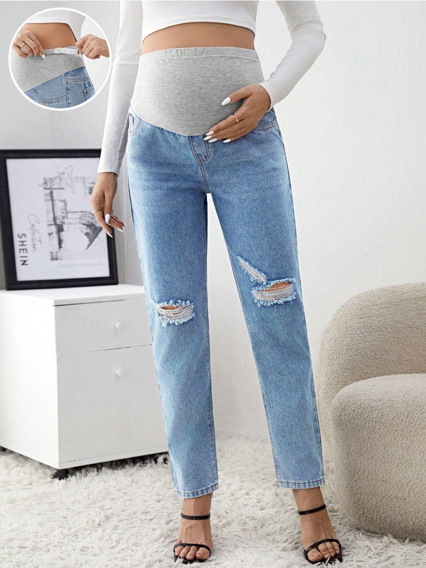 SHEIN Maternity Belly Support Ripped Denim Jeans