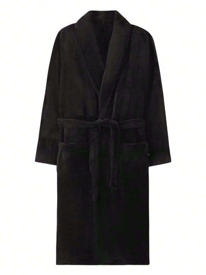 Men Solid Belted Dual Pocket Flannel Lounge Robe